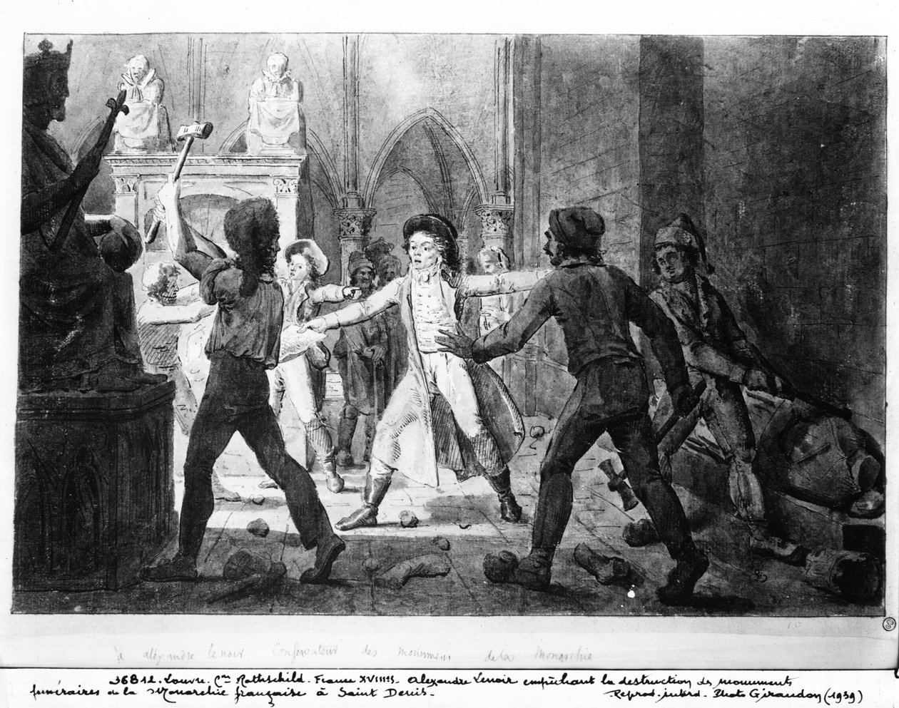 Alexandre Lenoir (1761-1839) widersetzt sich der Zerstörung der königlichen Gräber der französischen Monarchie in der Kirche von Saint-Denis, 1793 von French School
