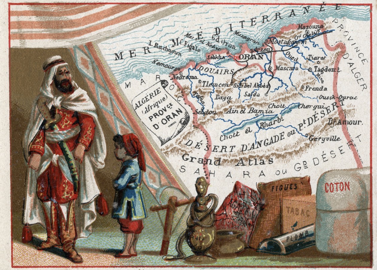 Algerien in Afrika und die Provinz Oran, Frankreich. Serie über die französischen Departements. Import von Feigen, Baumwolle, Tabak, Achat und Blei. Chromolithographie "Der geografische Faden", ca. 1920. Private Sammlung von French School
