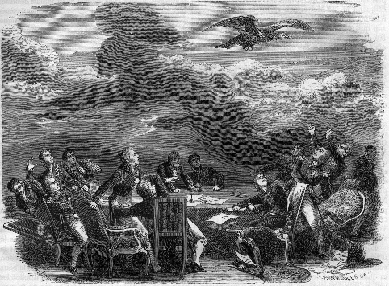 Allegorie des Endes des Wiener Kongresses 1815 - außergewöhnliche Aufregung der Diplomaten beim Erlernen der Landung Napoleons - in „Histoire de l