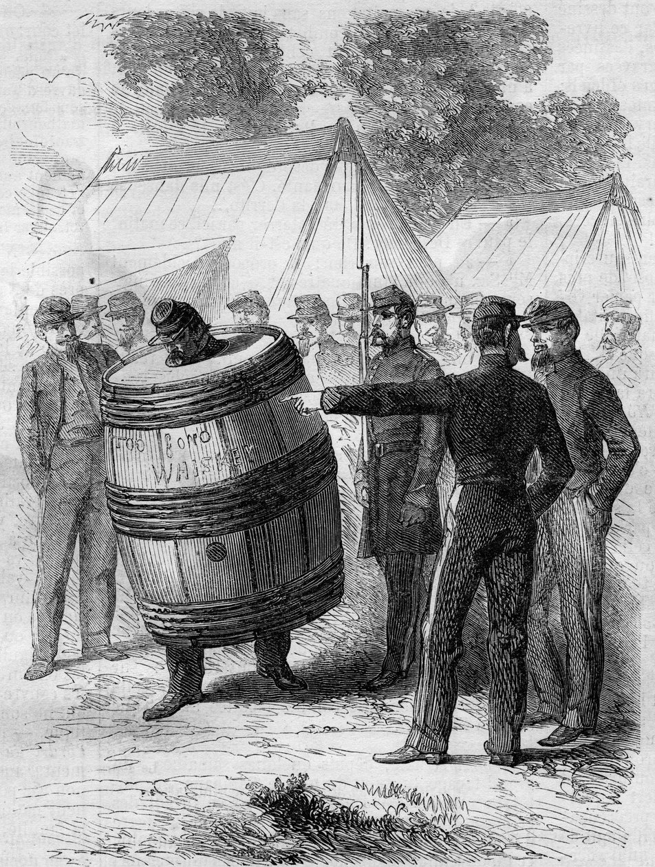 Amerikanischer Bürgerkrieg (1861-1865): Bestrafung eines betrunkenen Soldaten der Konföderierten Armee. Er trägt ein durchbohrtes Fass und geht durch das Lager unter den amüsierten Blicken anderer Soldaten. Gravur in 