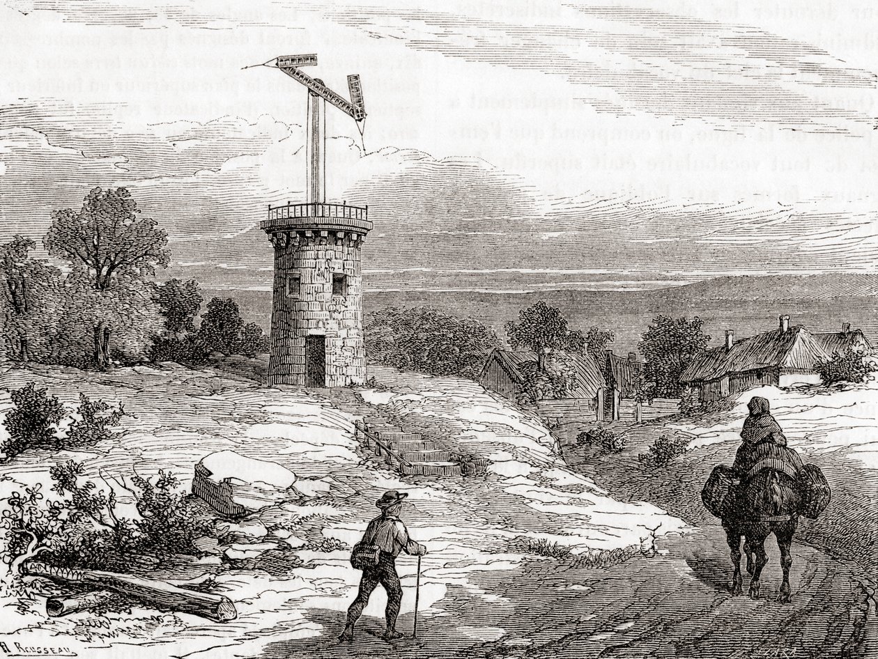 Ein Lufttelegrafenmast im 18. Jahrhundert, aus Les Merveilles de la Science, veröffentlicht um 1870 (Gravur) von French School