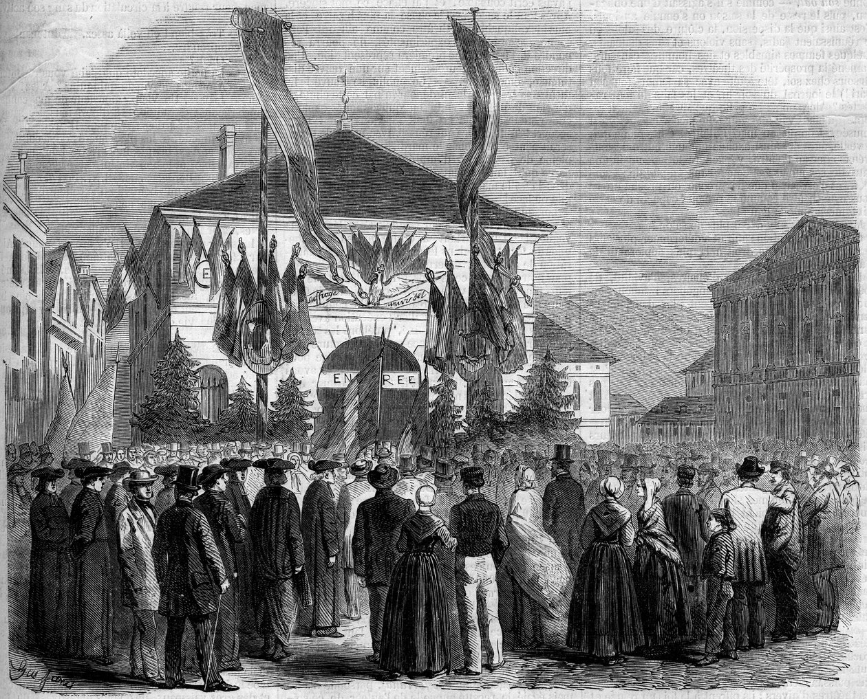 Annexion von Savoyen an Frankreich, Chambéry, 22. April 1860: Abstimmung der Bevölkerung über den Anschluss von Savoyen an Frankreich. Gravur in „Le Monde Illustré“ Nr. 160 vom 5. Mai 1860 von French School