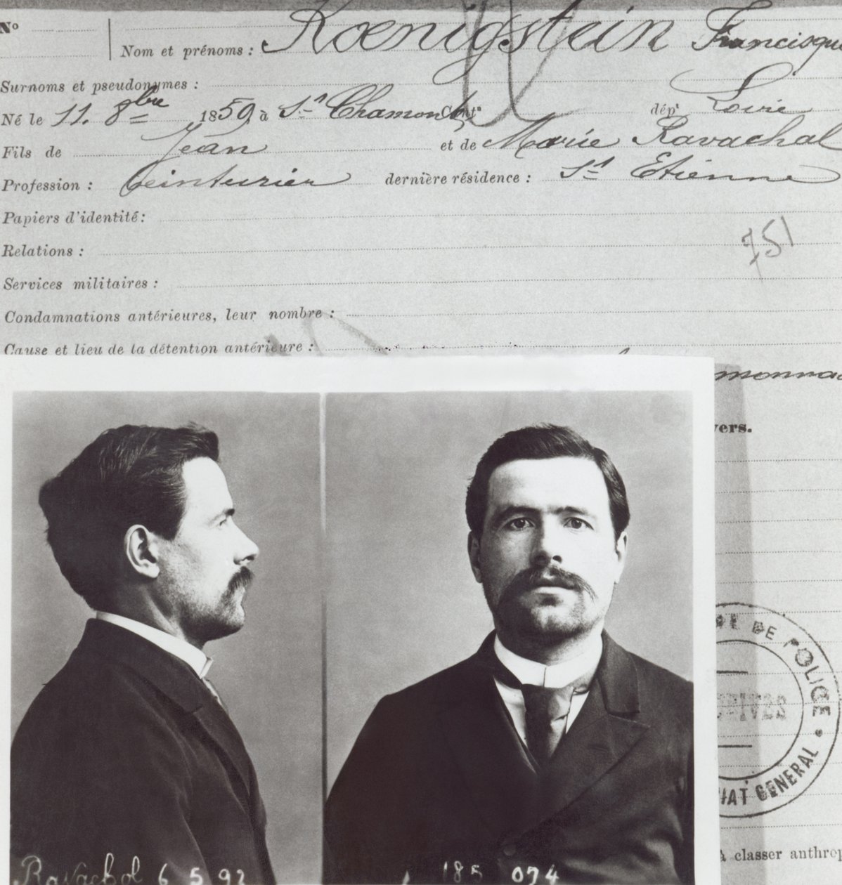 Anthropometrische Form von François Claudius Koenigstein, genannt Ravachol (1859-92) von French School