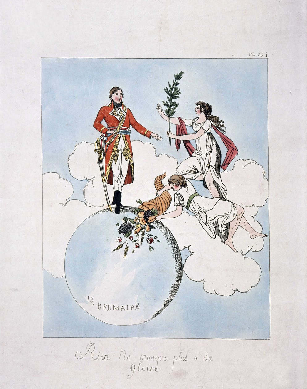 Apotheose von Napoleon Bonaparte während des Staatsstreichs vom 18. Brumaire Jahr VIII (9.11.1799). (Nymphen präsentieren ihm Lorbeer und Füllhorn) von French School