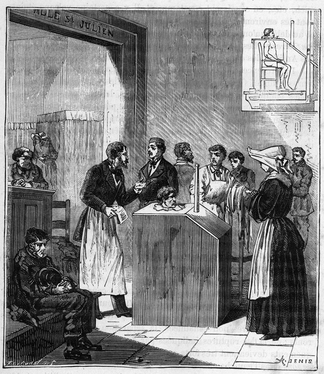Apparate, die Ende des 19. Jahrhunderts in Pariser Krankenhäusern zur Bekämpfung der Krätze mit Schwefel verwendet wurden - Gravur in „Sciences brought to the graces of all - physics and chemistry“ von Alexis Clerc - Ende 19. Jahrhundert - private Sammlung von French School