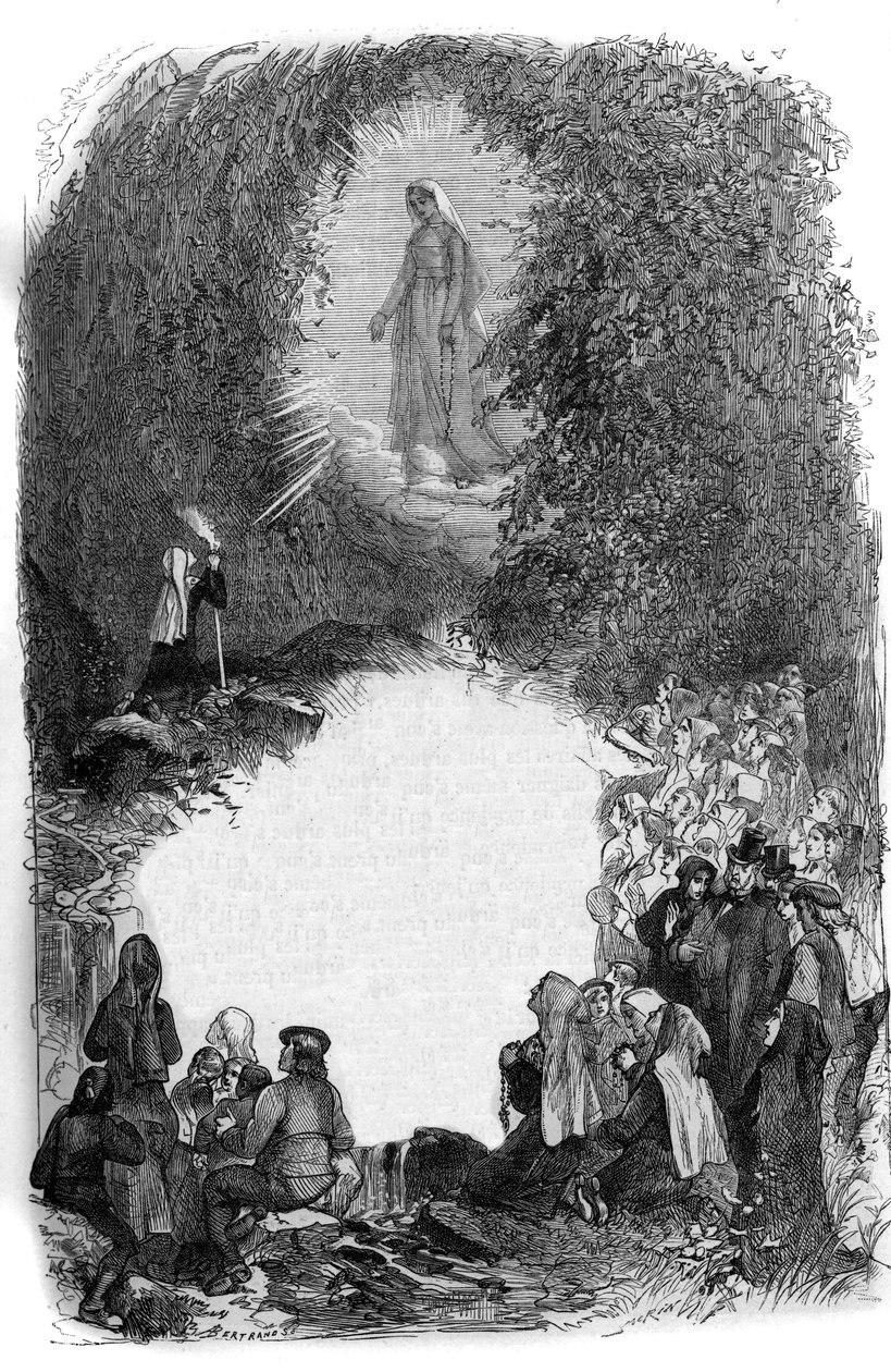 Erscheinung der Jungfrau Maria vor Bernadette Soubirous (1844-1879) in der Grotte von Lourdes, Hautes Pyrenees (65) von French School