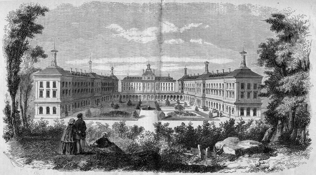 Architektur: Gesamtansicht des Militärkrankenhauses von Vincennes (1858). Gravur in „Le Monde Illustré“ Nr. 61 vom 12. Juni 1858. von French School