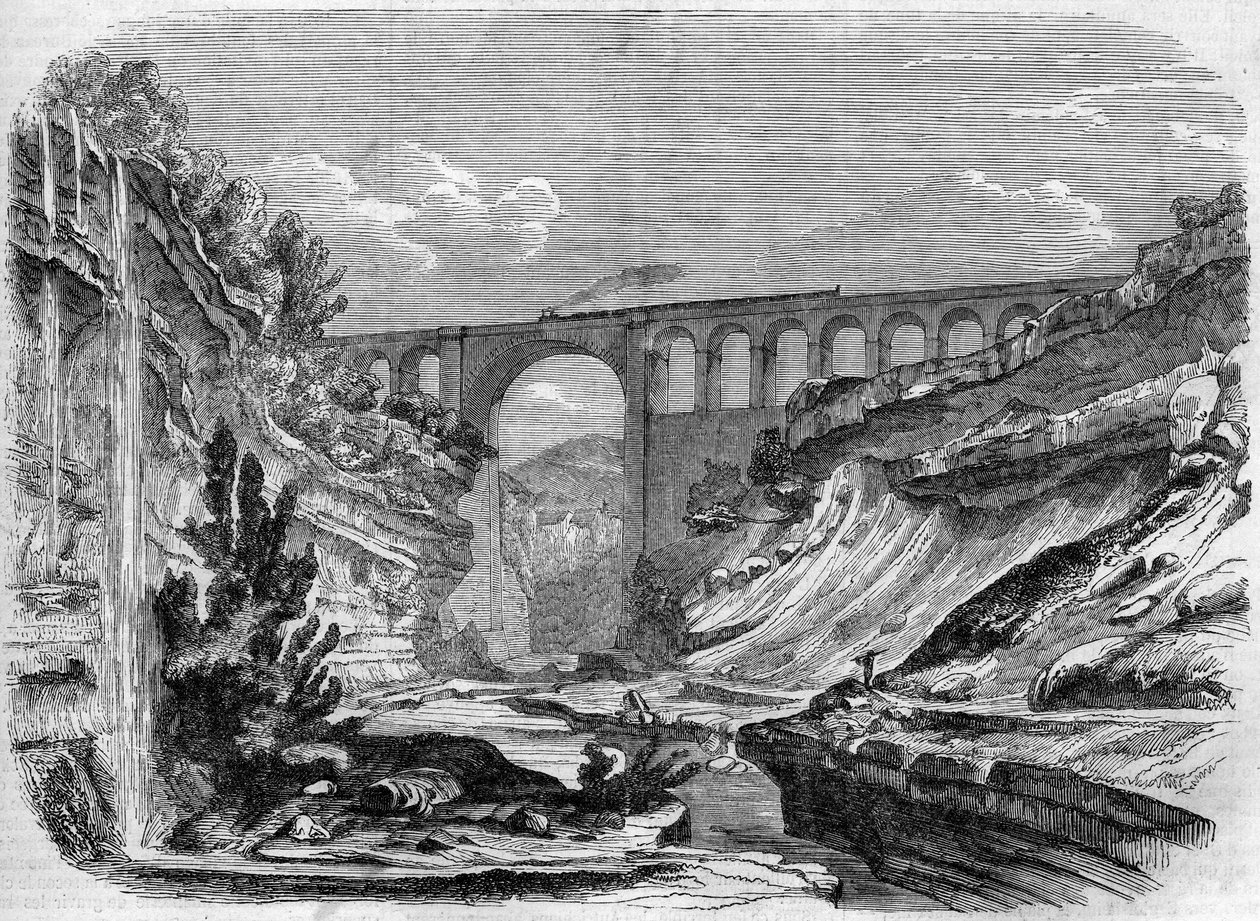 Architektur: Ansicht des Valserine-Viadukts (Rhône-Alpes) auf der Eisenbahnstrecke Lyon-Genf. 1858. Gravur in „Le Monde Illustré“ Nr. 48 vom 13. März 1858. von French School