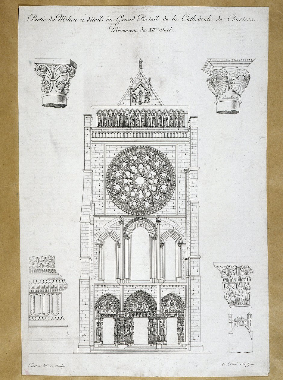 Architektur: Ansicht des großen Portals der Kathedrale von Chartres - Denkmal des 12. Jahrhunderts, Platte des 19. Jahrhunderts von French School