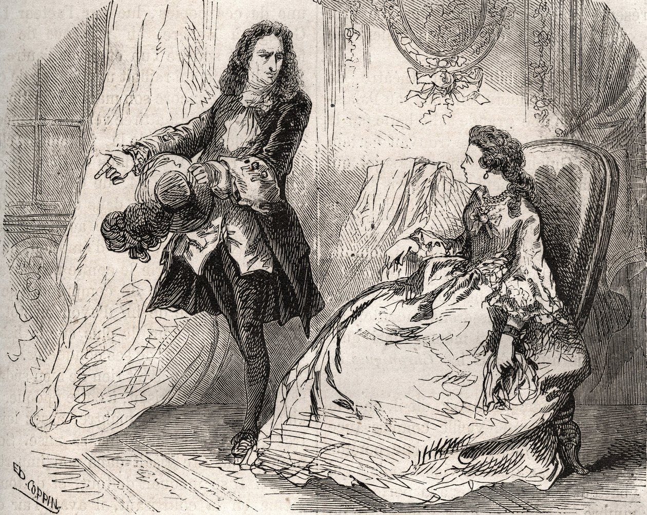 Armande Bejart (1641-1700), Ehefrau von Jean Baptiste Poquelin genannt Moliere (1622-1673) mit ihrem Liebhaber, dem Grafen von Guiche, Gravur von 1871 in „Histoire Des Cocus Celebres“ von Henry de Kock (1819-1892) von French School