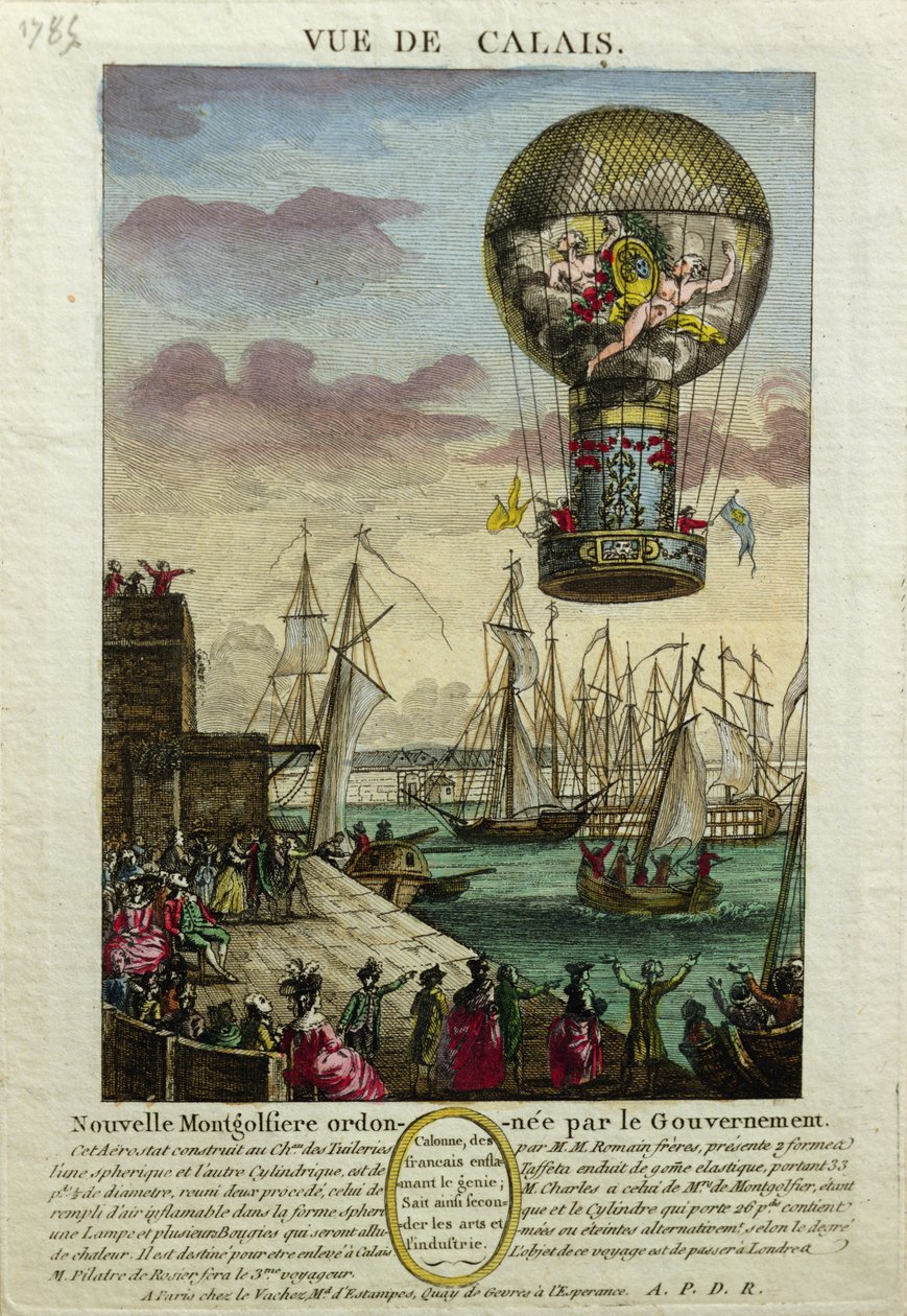 Aufstieg eines Montgolfiere-Heißluftballons in Calais im Jahr 1785 von French School