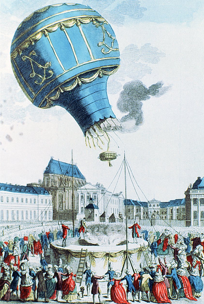 Aufstieg des Heißluftballons der Montgolfier-Brüder vor der königlichen Familie in Versailles im Jahr 1783 (Farbstich) von French School