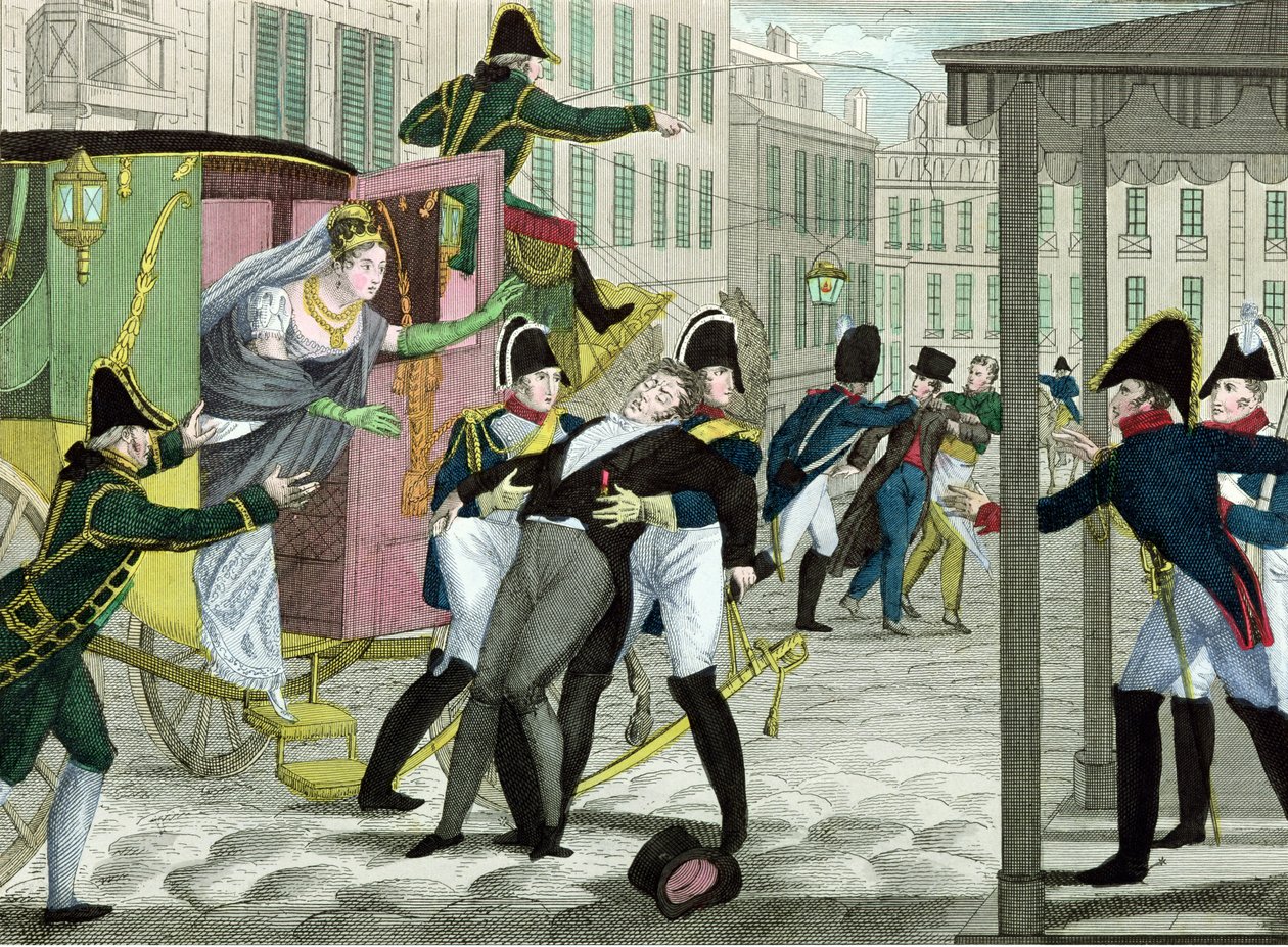 Ermordung von Charles-Ferdinand von Frankreich (1778-1820), Herzog von Berry, durch Louis Louvel, vor dem Opernhaus in der Rue de Richelieu von French School