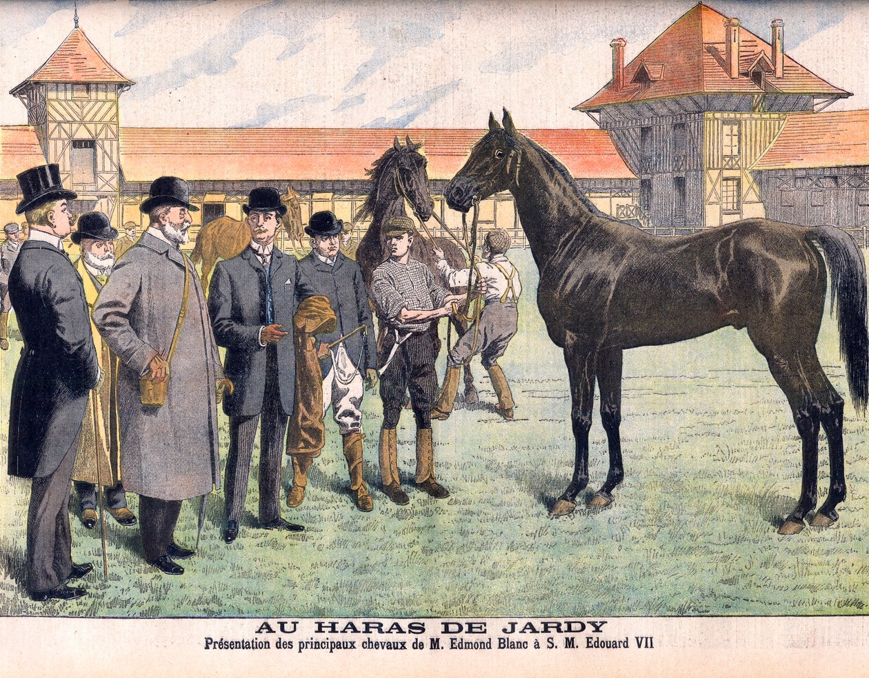 Auf dem Gestüt Jardy außerhalb von Paris (Marnes-la-Coquette). Züchter Edmond Blanc zeigt König Edward VII. seine besten Pferde. Das Gestüt Jardy. Präsentation der Hauptpferde von Herrn Edmond Blanc an SM Eduard VII. (1841-1910). Illustration für Le Petit  von French School