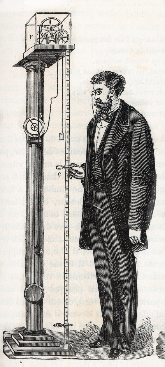 Atwood-Maschine, erfunden 1784 von George Atwood (1745-1807) - Gravur in "Sciences made available to all - Popular physics and chemistry" von Alexis Clerc - Ende 19. Jahrhundert - Privatbesitz von French School