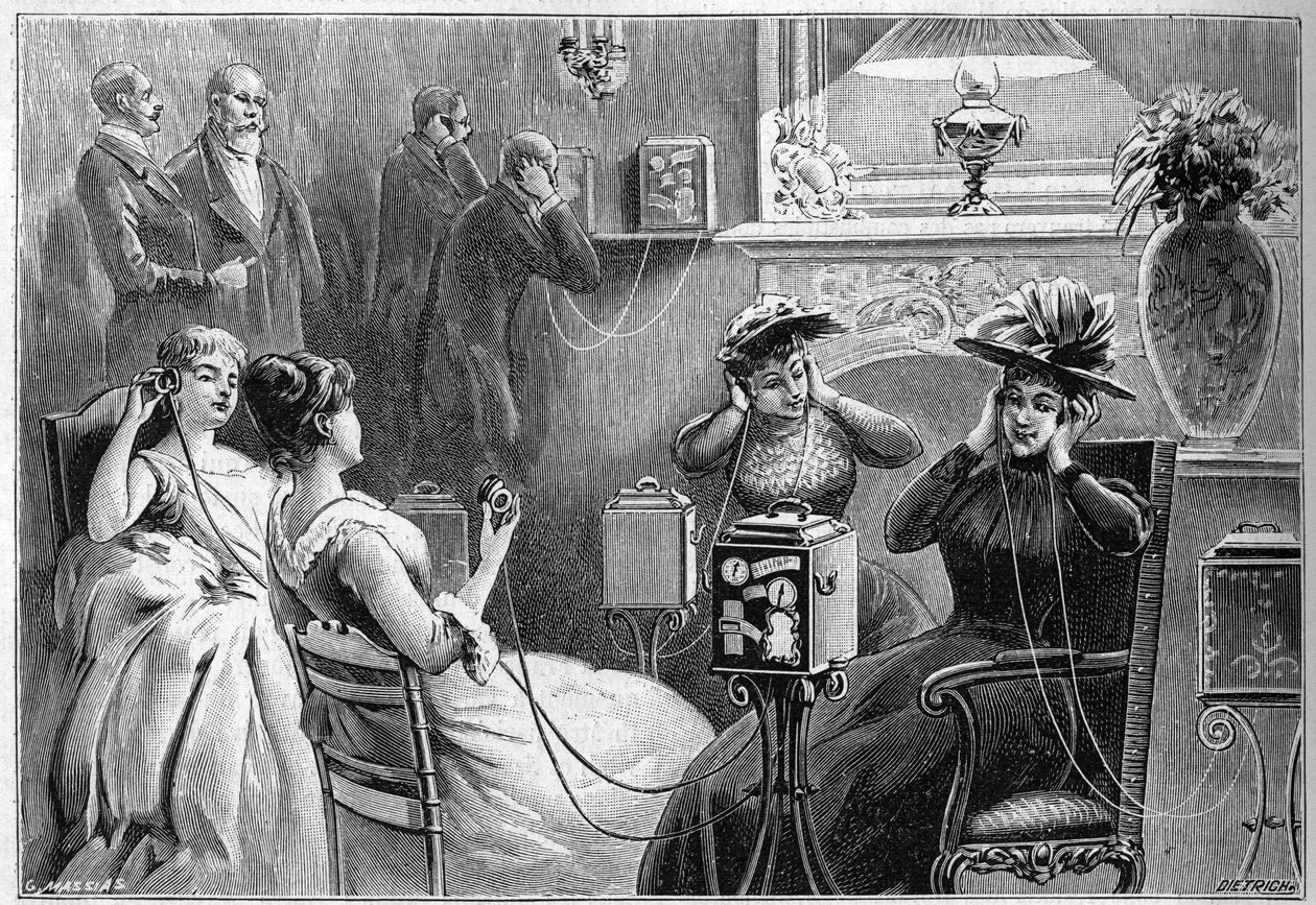 Audition des Theatrophones (Theaterauditionen zu Hause) im Salon eines Grand Hotels in Paris im Jahr 1892. von French School