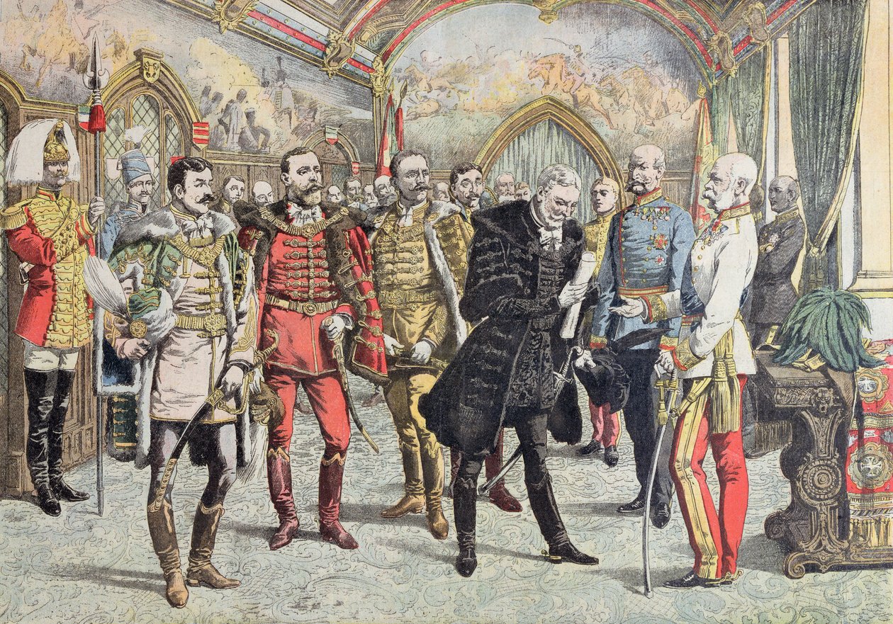 Österreich-Ungarische Krise - Empfang der ungarischen Magnaten durch Kaiser Franz Josef, Illustration aus Le Petit Journal, 15. Oktober 1905 von French School