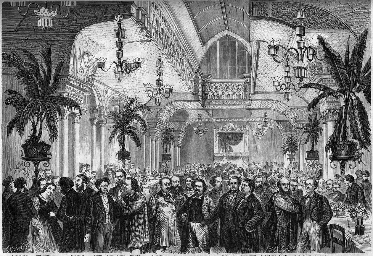 Bankett der Zeitung „Le Figaro“, gegeben am 6. Februar 1864 im Salon des Restaurants Passage des Princes in Paris, an dem Journalisten, Schriftsteller, Künstler teilnehmen... Anwesend sind von links nach rechts: Nestor Roqueplan, Mme Ugalde, de Montaut, Pe von French School