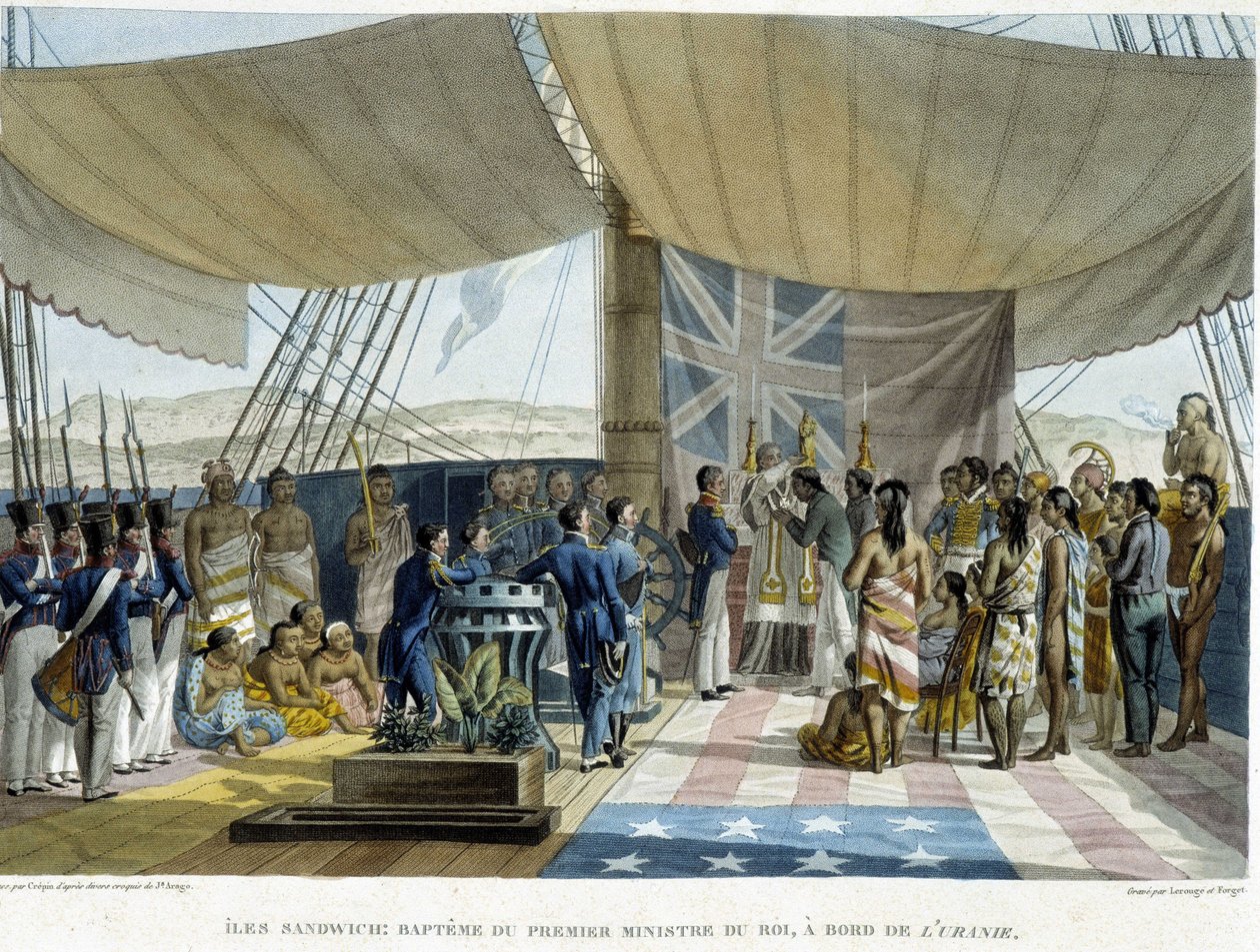 Taufe von Eingeborenen der Sandwichinseln an Bord der Urania, Anfang 19. Jahrhundert von French School