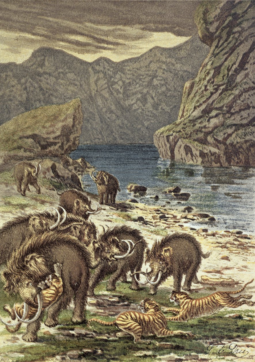 Kampf zwischen Mammuts und Säbelzahntigern, aus Le Monde Avant la Création d