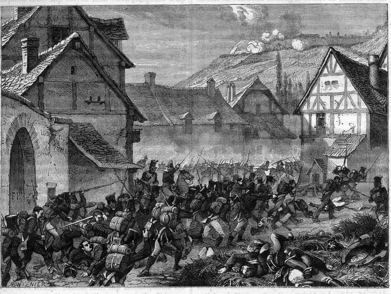 Schlacht von Laon, 9.-19. März 1814 (alliierter Sieg unter Blücher über Napoleon I.) - Marschall Ney, an der Spitze einer Division, erobert den Vorort Semilly - in „Geschichte des Reiches nach der Geschichte des Konsulats“ von Adolphe Thiers von French School