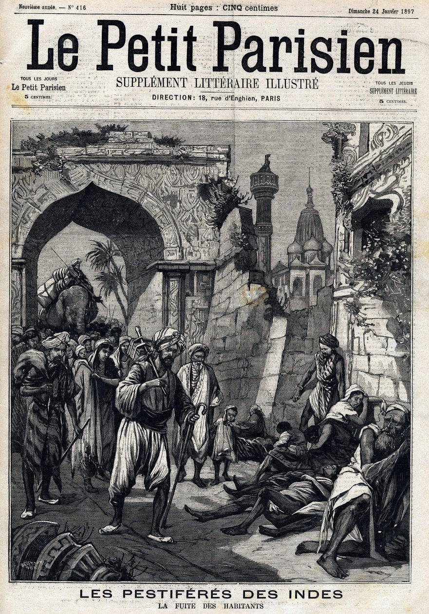 Von der Pest heimgesuchtes Indien, Einwohner fliehen vor der Epidemie, bevor sie die Beulenpest bekommen. Titelseite der englischen Zeitung Le Petit Parisien. 24. Januar von French School