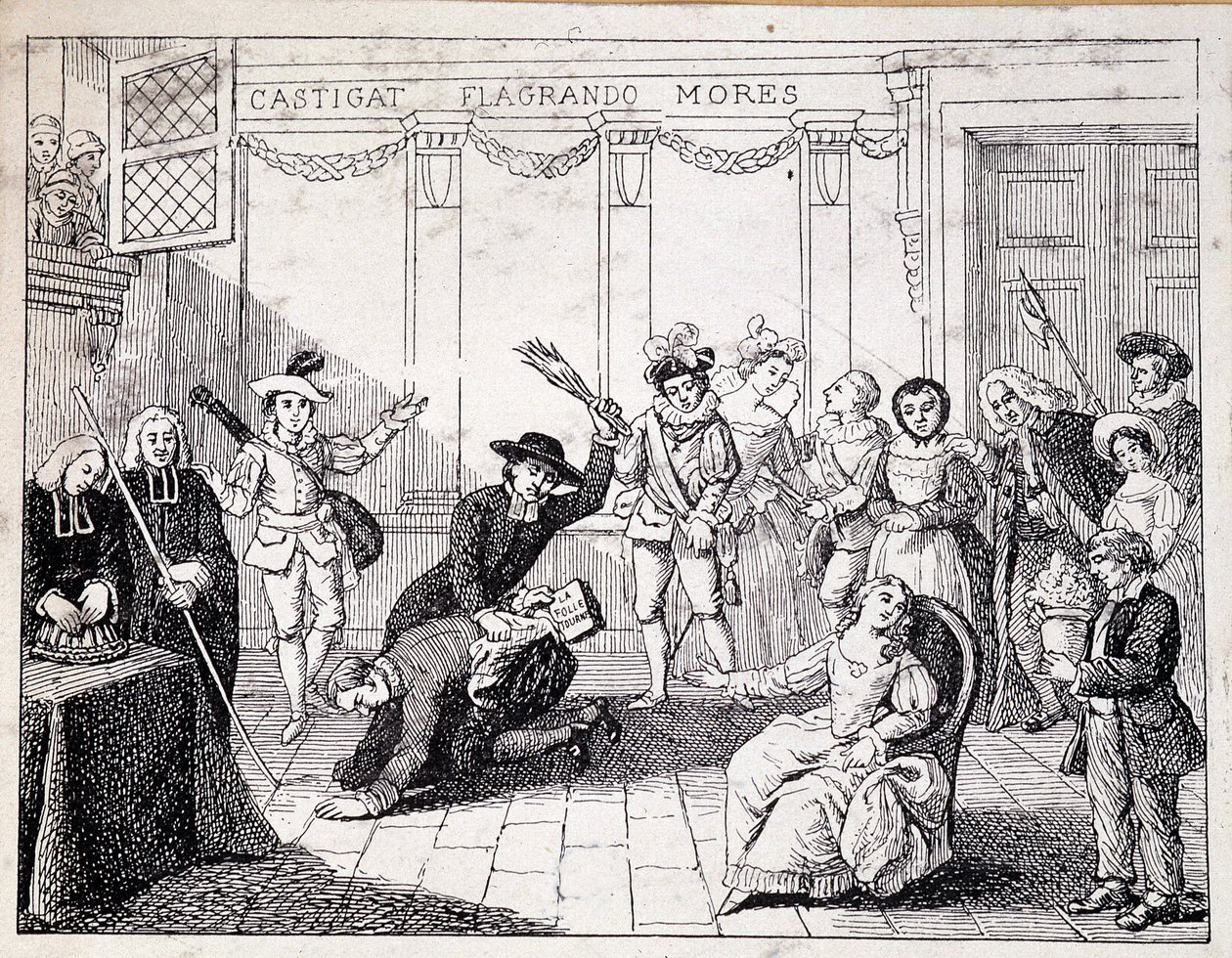 Beaumarchais wird in Saint Lazare ausgepeitscht - Szene der Züchtigung durch Beaumarchais, der die Broschüre des Folle journée in der Hand hält - nach einem Gemälde der Comédie Française, Gravur von French School