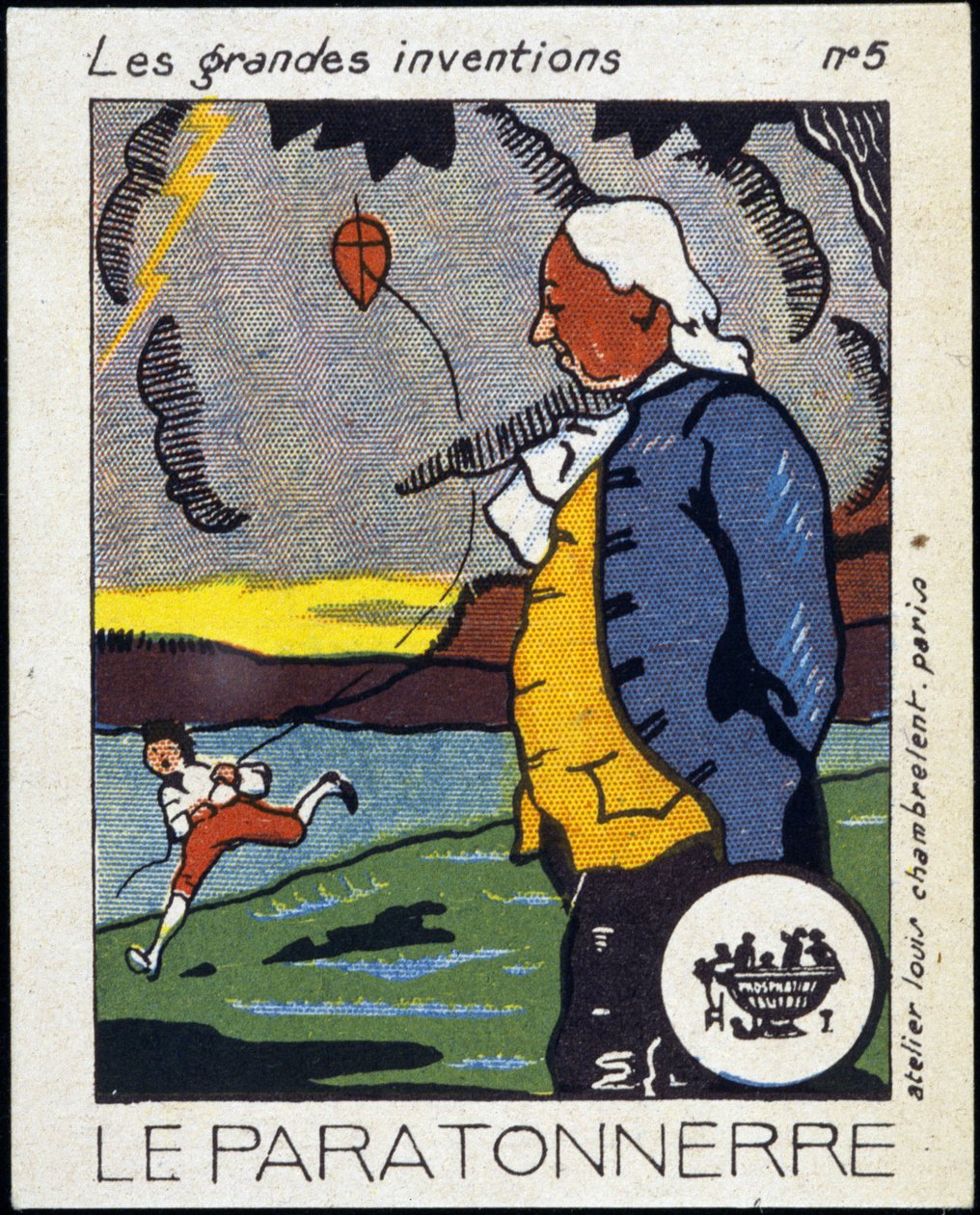 Benjamin Franklin, amerikanischer Politiker und Physiker (1706-1790) und der Blitzableiter (das Drachenexperiment) - Etikett, Anfang 20. Jahrhundert von French School