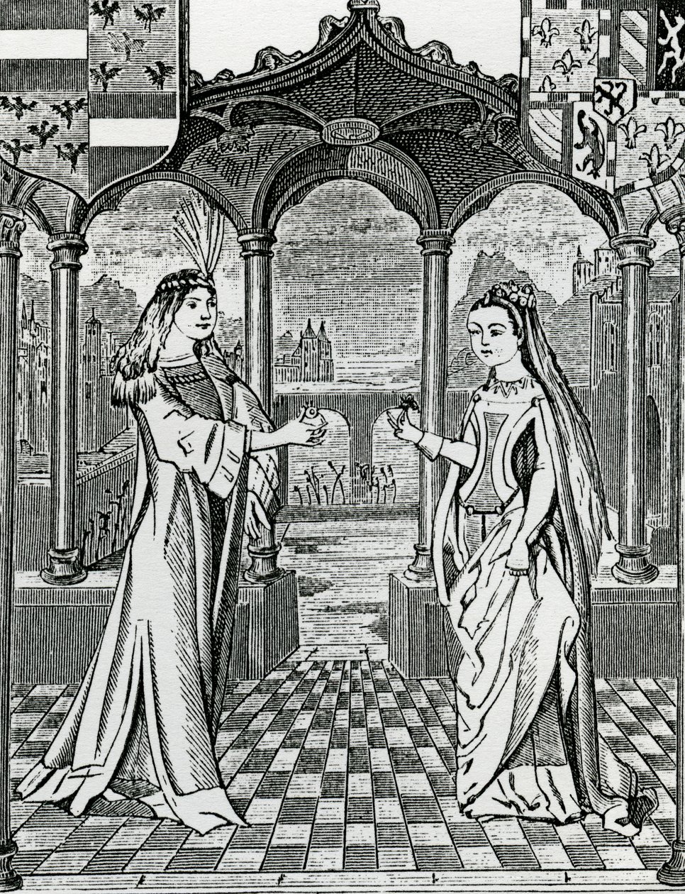 Verlobung von Maximilian I. und Maria, Herzogin von Burgund im Jahr 1477, nach einem Bild in den Chroniques de Flandre von French School