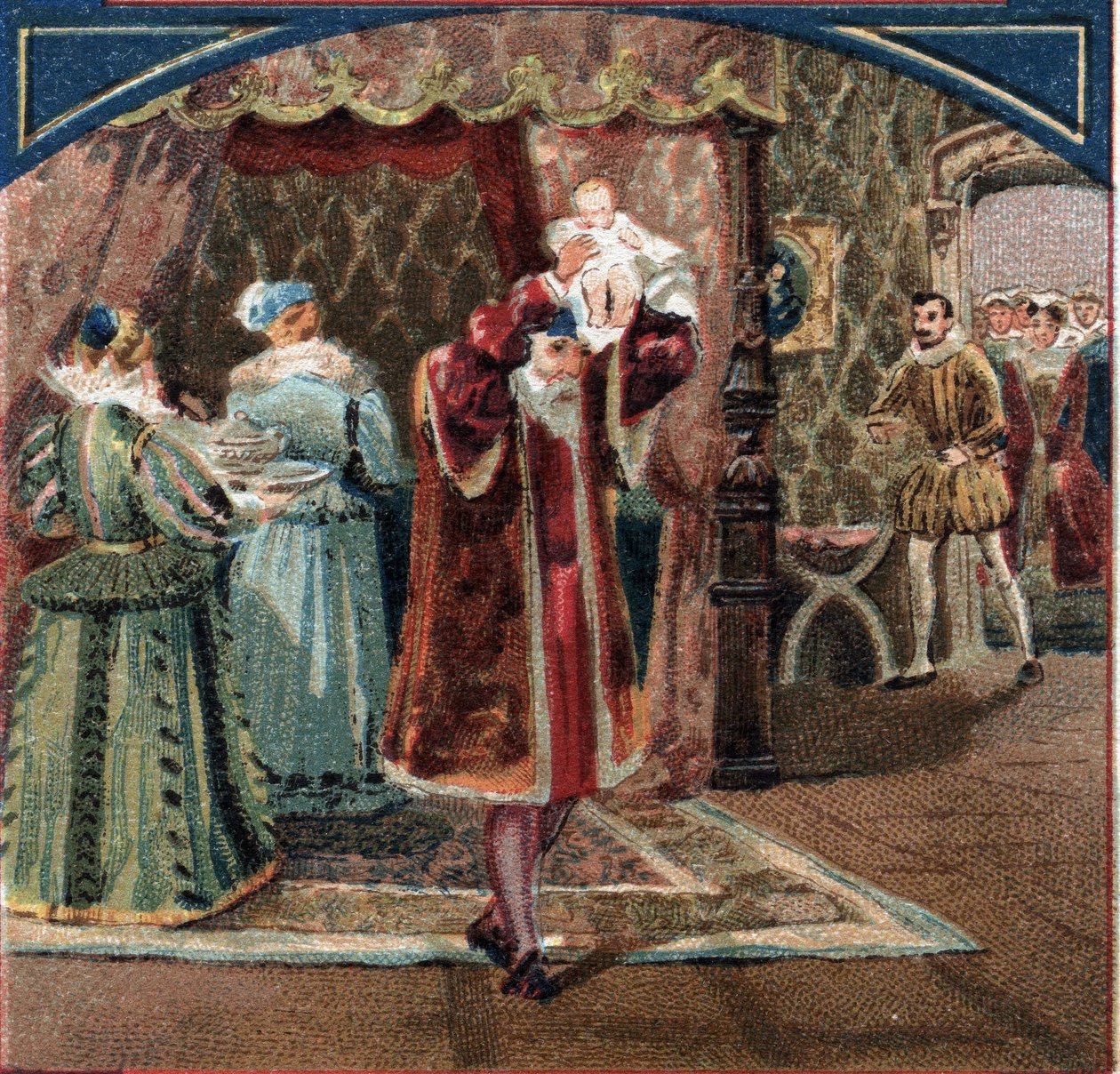 Geburt von König Heinrich IV. am 13.12.1553 im Schloss von Pau. Jeanne III., bekannt als Jeanne d