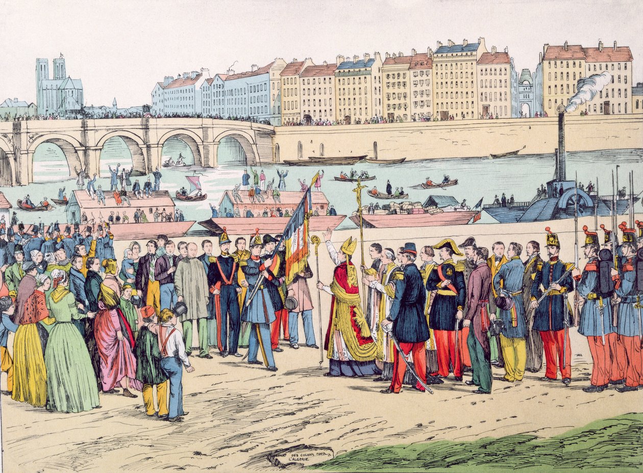 Segnung der Fahnen in Paris vor der Abreise der Kolonisten nach Algerien 1843, 1935 von French School