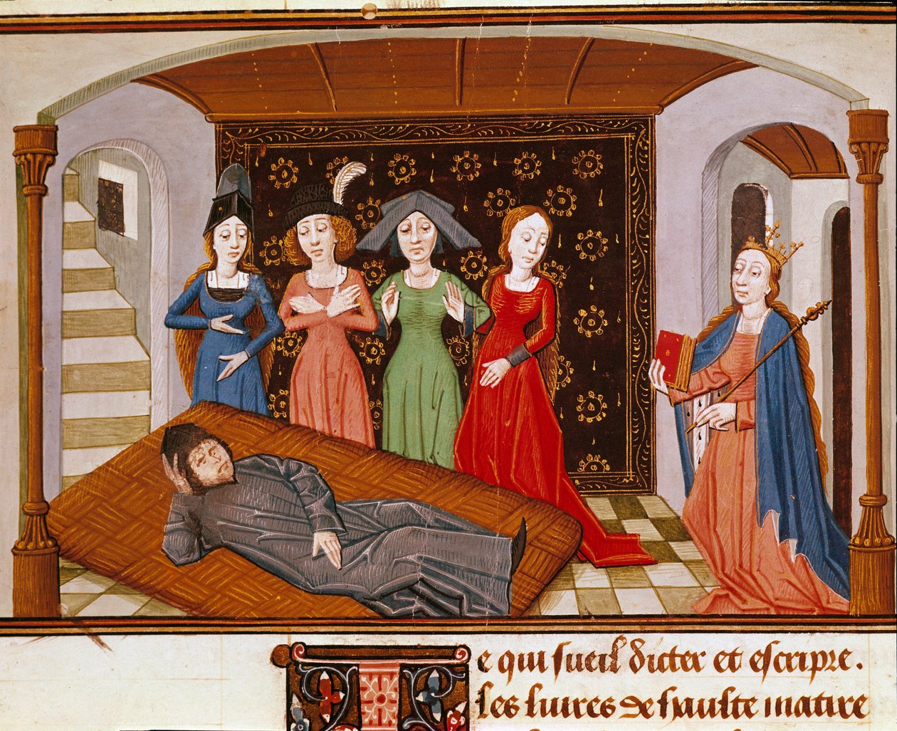 Boece (Boezio) umgeben von Philosophie und Musen. Miniatur aus „De Consolatione Philosophiae“ (Trost der Philosophie) von Boece (oder Anicius Manlius Torquatus Severinus Boetius oder Boethius) übersetzt von Jean de Meung (1240-1305). Rouen, Stadtbibliothek von French School