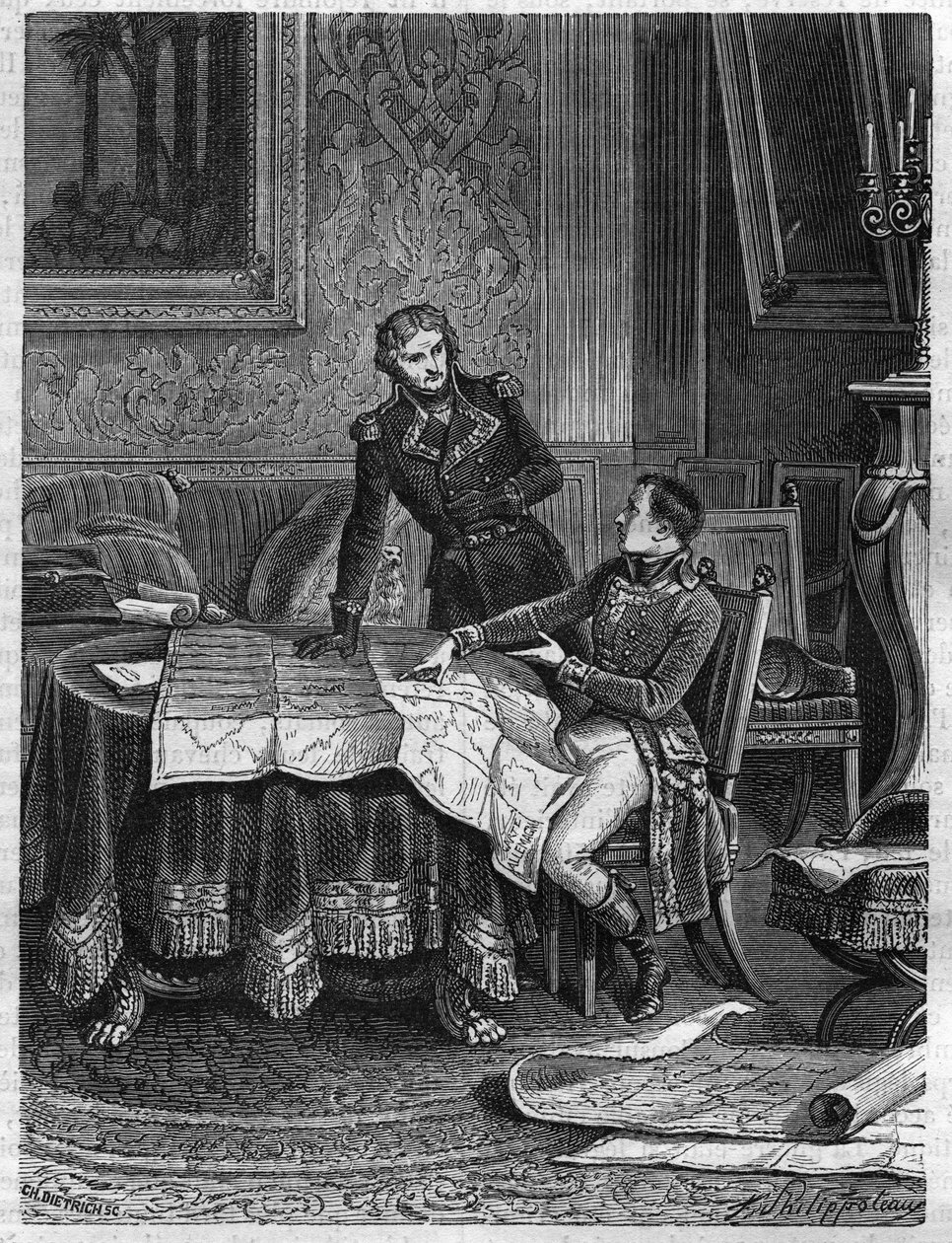 Bonaparte (1769-1821) zeigt General Jean Joseph Dessolles (1767-1828) einen Feldzugsplan für die Armee des Rheins, März 1800 - Gravur von 1865 in „Histoire du Consulat et de l