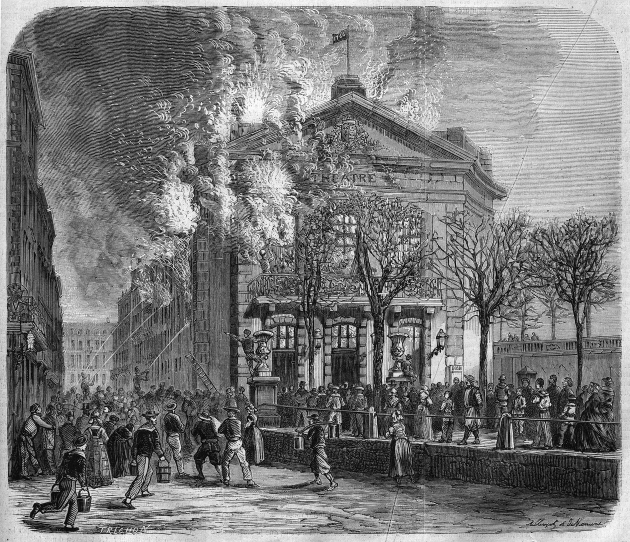 Brest, Brand des Theaters am 11. März 1866, erbaut 1766 von Choquart de Lindu, Gravur nach einer Zeichnung von Clerget und Moraine und nach einem Foto der Gebrüder Mage, in „Das illustrierte Universum“, 24.03.1866. von French School