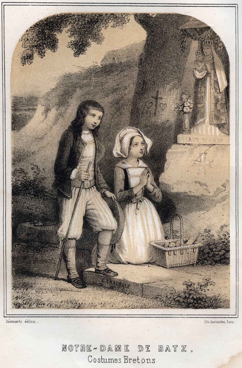 Bretonische Kostüme - Notre-Dame de Batz - Gravur in „Les soirées de mon oncle souvenirs et récits de voyages“ von MORING MICHEL - Ende 19. Jahrhundert von French School