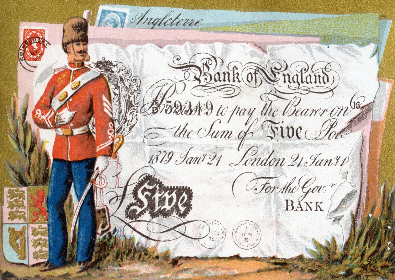 Britischer Armeesoldat, der eine Bank of England Fünf-Pfund-Note bewacht, 1886-95 von French School