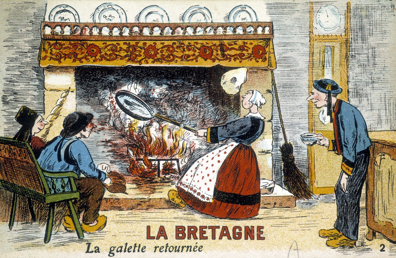 Bretagne: die Galette wird zum Kamin zurückgebracht (Crêpes) - Postkarte, Anfang des 20. Jahrhunderts von French School