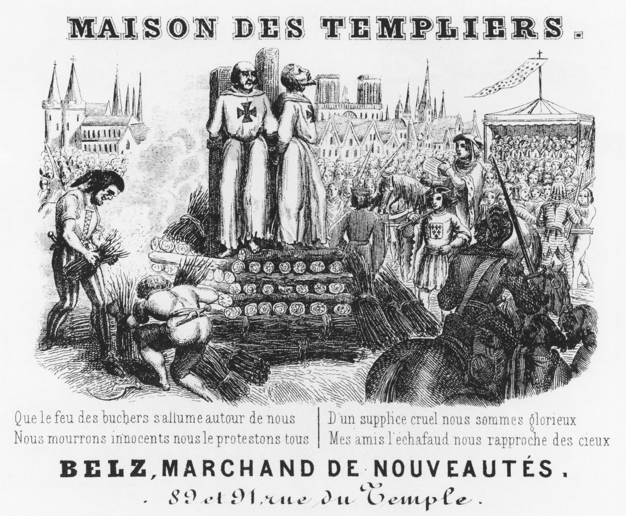 Verbrennung der Tempelritter, Briefkopf eines Tuchgeschäfts, Maison des Templiers, Belz, rue du Temple, Paris, ca. 1840 von French School