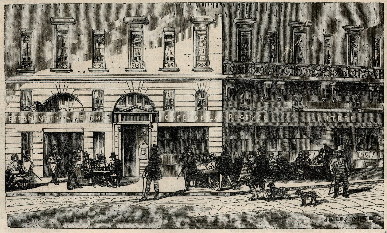 Café de la Régence am Place du Palais-Royal in Paris im 19. Jahrhundert - Gravur in „Tableau-de-Paris“ von Edmond Texier 1852 von French School
