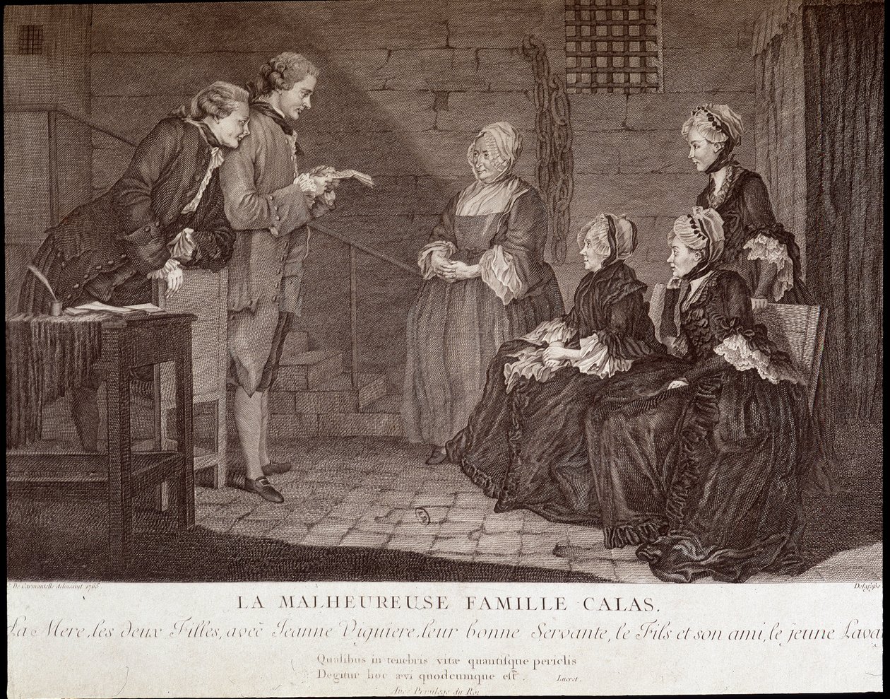 Calas-Affäre: Die unglückliche Familie von Jean Calas (gestorben 1762): die Mutter, die zwei Töchter, mit Jeanne Viguiere, ihrer guten Dienerin, der Sohn und sein Freund, um 1762. von French School