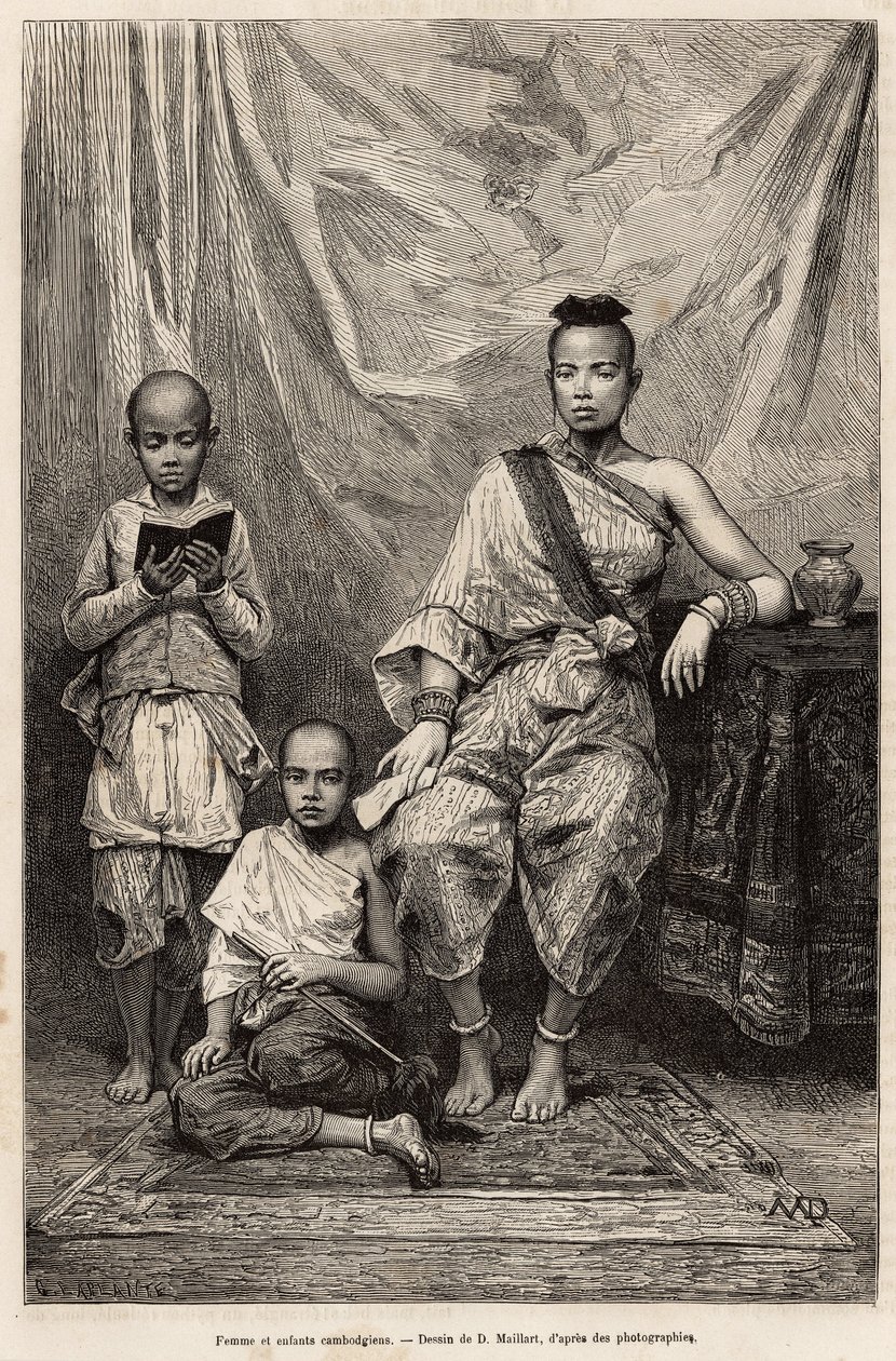 Kambodschanische Frau und Kinder, Gravur nach einer Zeichnung von D. Maillart, zur Illustration der Reise nach Cochinchina, von Dr. Morice, 1872, veröffentlicht in „Le tour du monde“ 1875, herausgegeben von Edouard Charton, Hachette-Ausgabe, Paris. Selva-S von French School