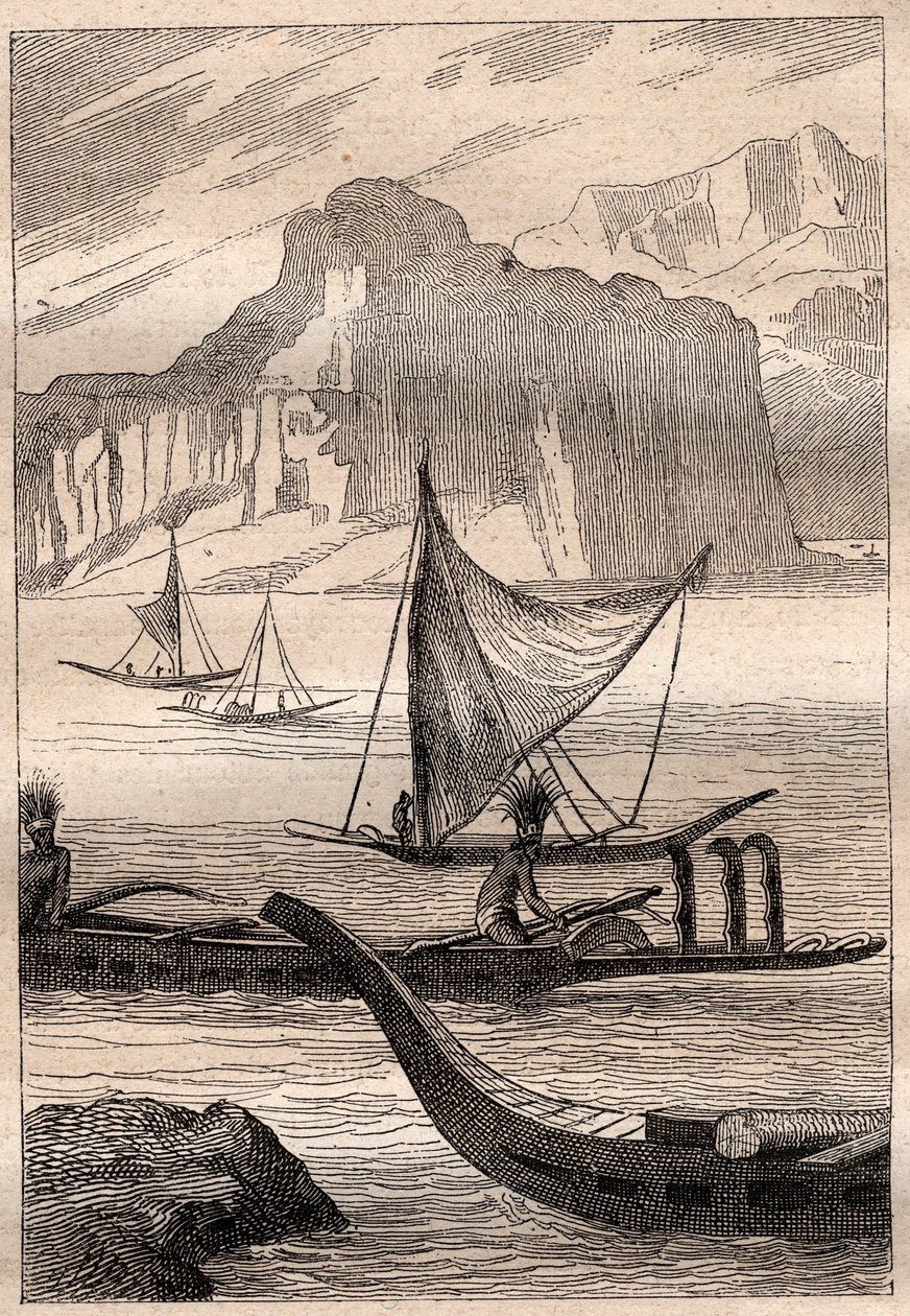 Kanus der Marquesas-Inseln - Illustration aus „Die großen Seefahrer des 18. Jahrhunderts“ von French School