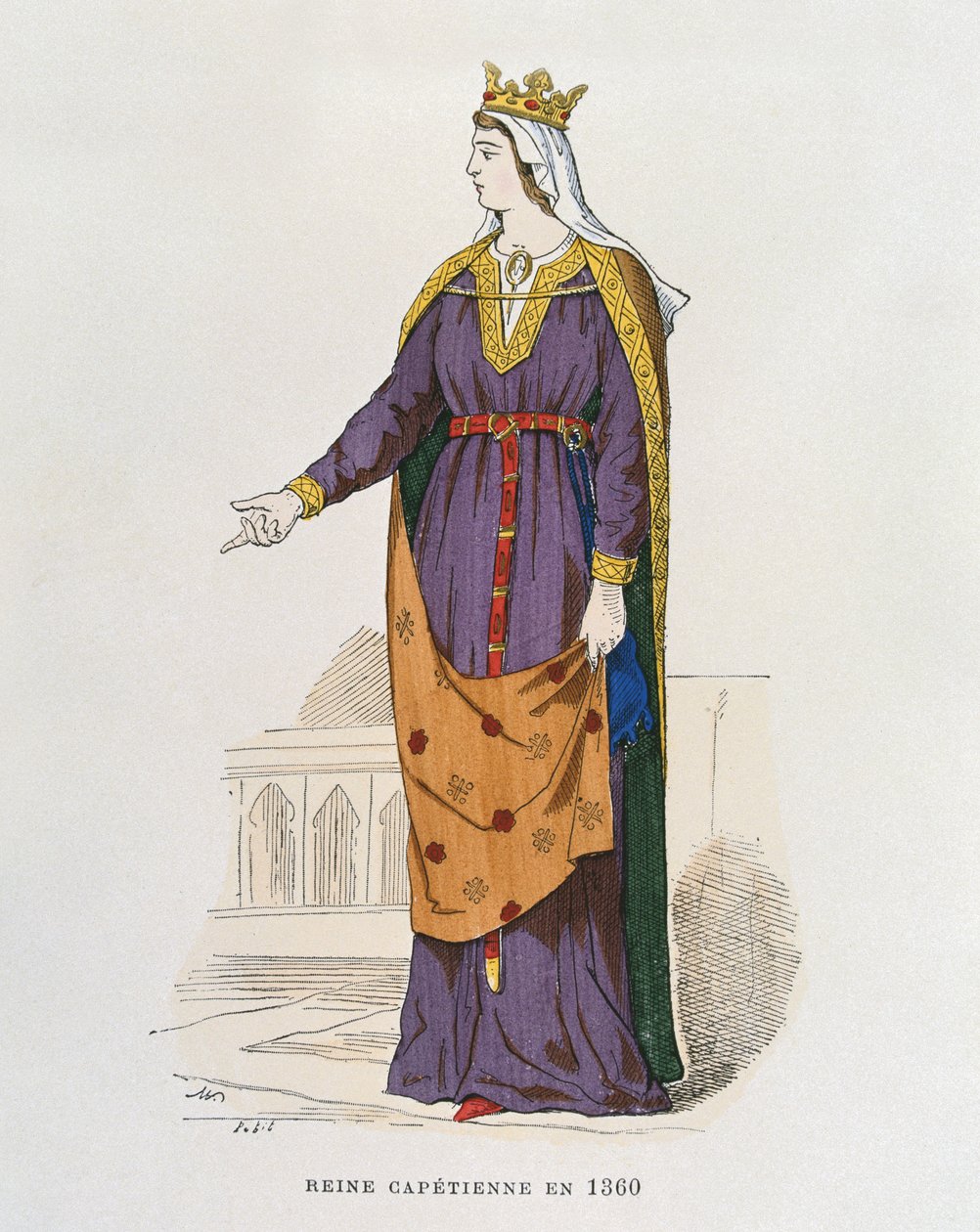 Kapetingische Königin im Jahr 1360, aus Costumes civils et militaires des francais a travers les siecles von French School