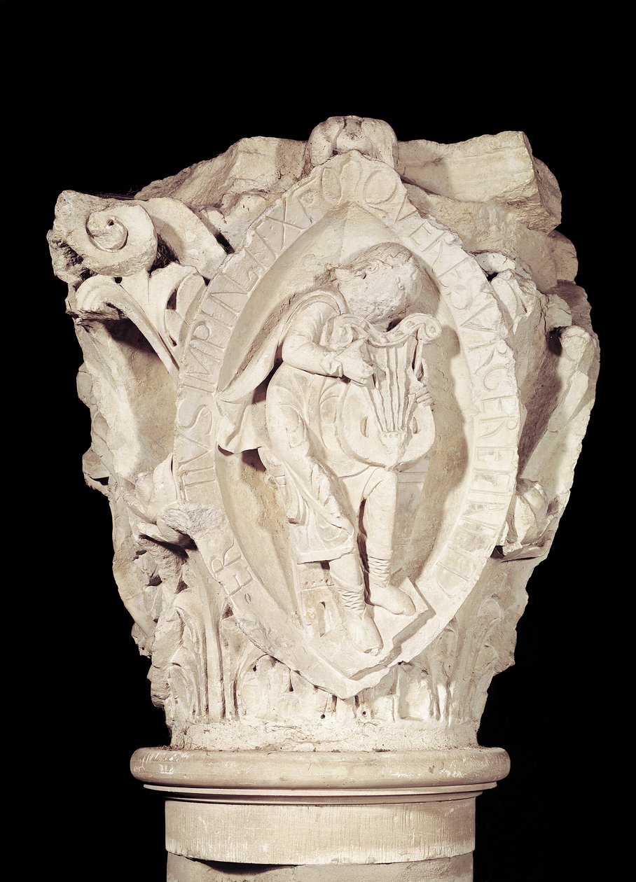 Kapitel, das den dritten Schlüssel des Plainsongs mit einem Lautenspieler darstellt, ca. 1095 von French School