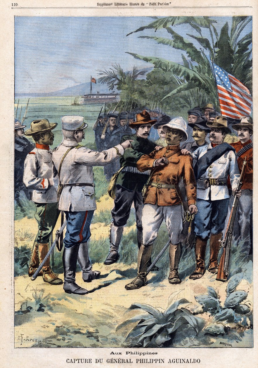 Gefangennahme des Generals und philippinischen Politikers Emilio Aguinaldo (1869-1964) auf den Philippinen, in „Le Petit Parisien“ am 14.04.1901 (Gravur) von French School
