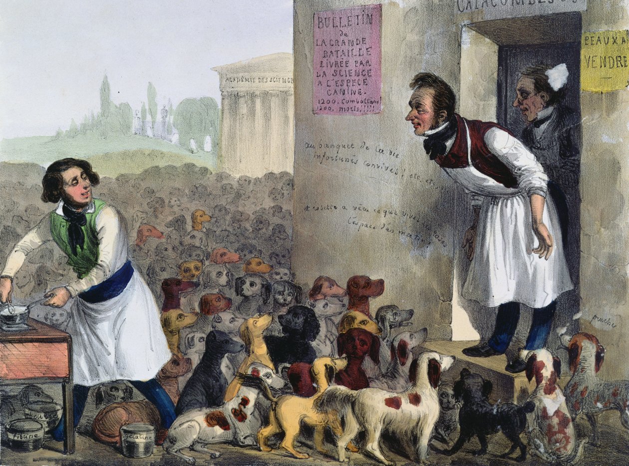 Karikatur von Parisern, die mit tollwütigen Hunden umgehen, ca. 1840 von French School