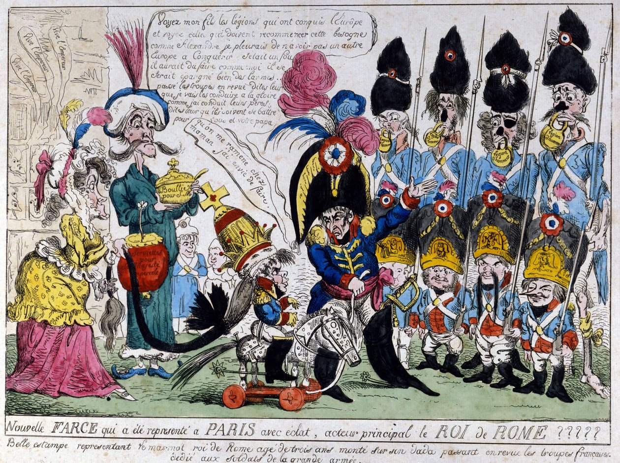 Karikatur über Napoleon I. (1769 - 1821) und seinen Sohn, den König von Rom (1811 - 1832): Letzterer auf seinem Schaukelpferd überprüft die Truppen der französischen Armee mit seinem Vater. Französischer Druck des 19. Jahrhunderts von French School