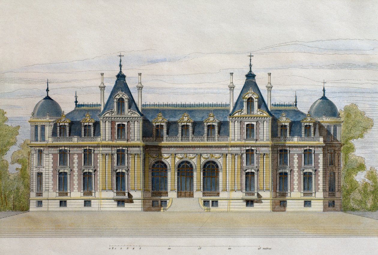 Schloss Neuflize der Gebrüder Pate, Gartenfassade, Illustration aus Le Moniteur des architectes, 1884, graviert von F. Penel von French School