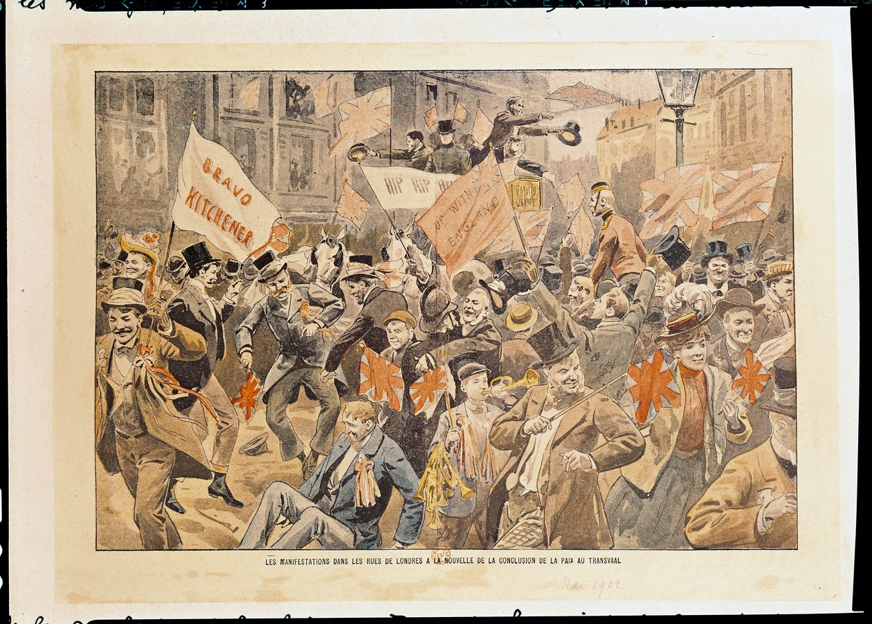 Feiern auf den Straßen Londons nach der Nachricht vom Friedensschluss im Transvaal, Mai 1902 von French School