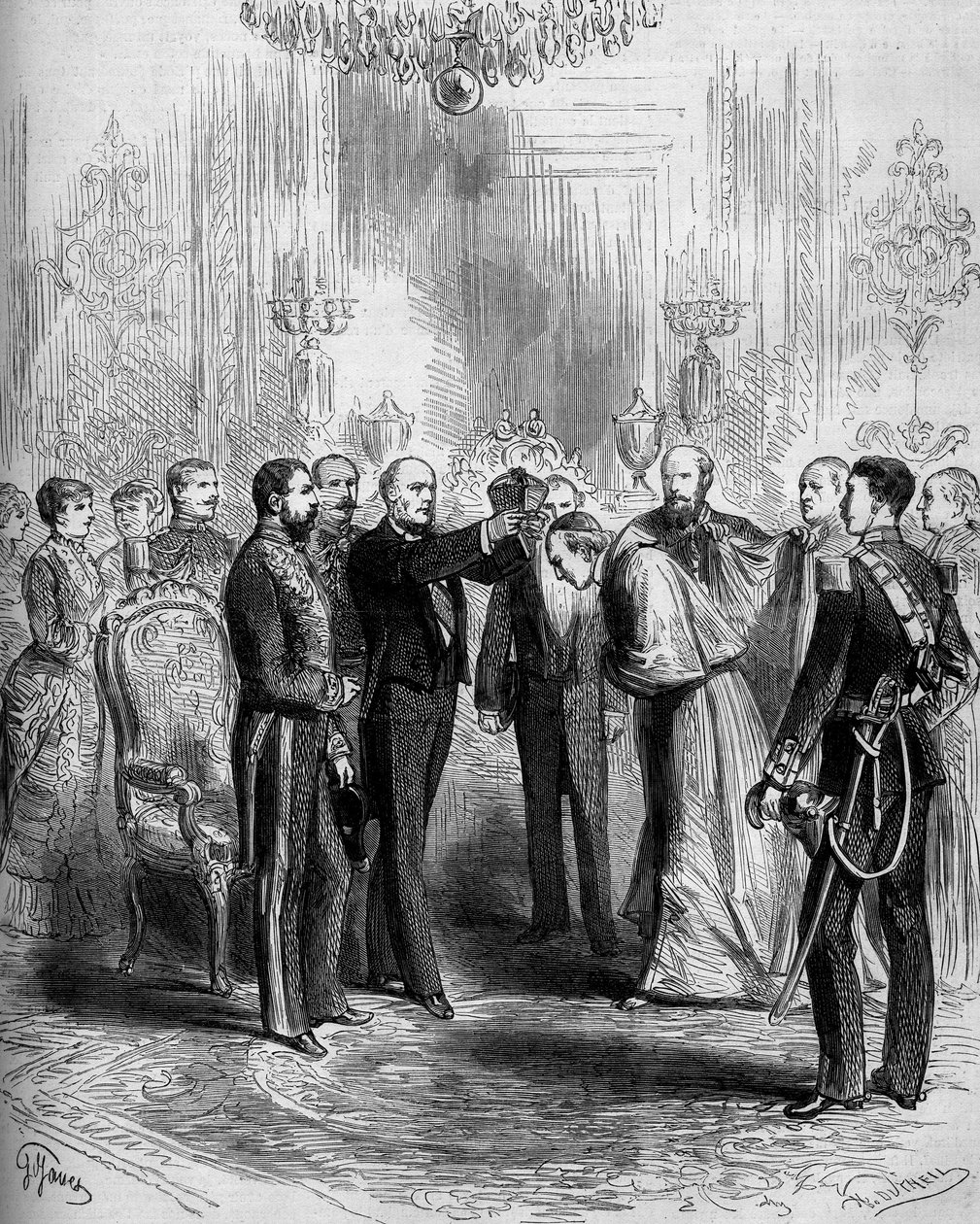 Zeremonie zur Verleihung der Kardinalsinsignien: Pier Francesco Meglia (1810-1883) erhielt den roten Kardinalsmantel, während Jules Grévy (1807-1891) die Kardinalsbarette auf seinen Kopf setzte. Paris, Palais de l